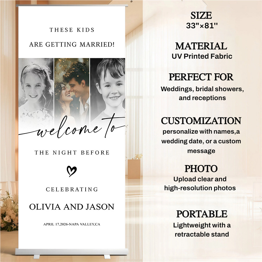 Customized wedding retractable banners - personalized photo wedding welcome signs, reception decorations and background curtains
